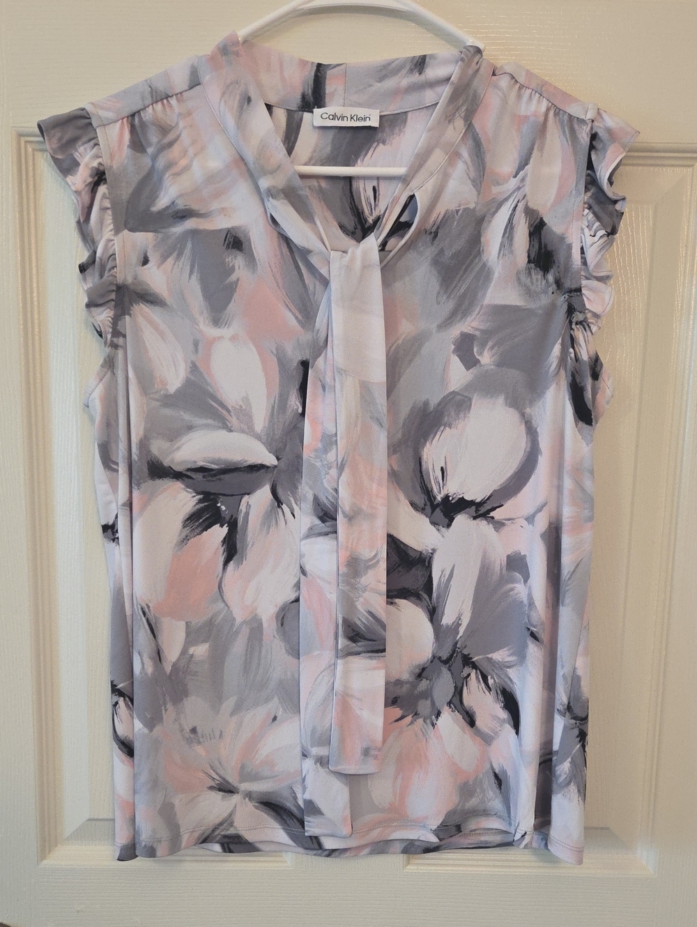 Calvin Klein Pink & Gray Floral Tie-Neck Blouse